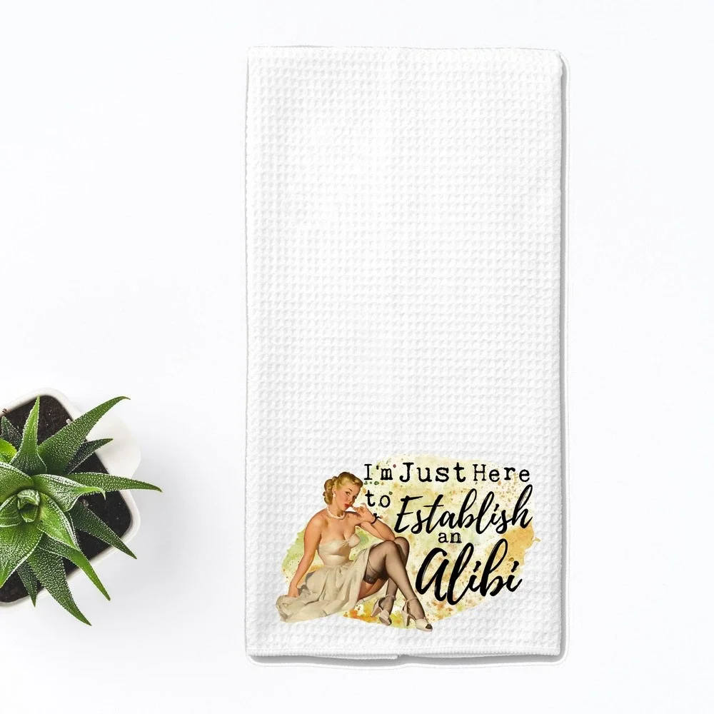 Vintage Pin Up Alibi Waffle Weave Kitchen Towel White Retro Hand Towel 16x24